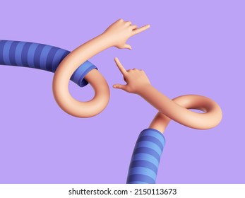 3d render, flexible arms, cartoon character hands with pointing fingers. Funny clip art isolated on light violet background
