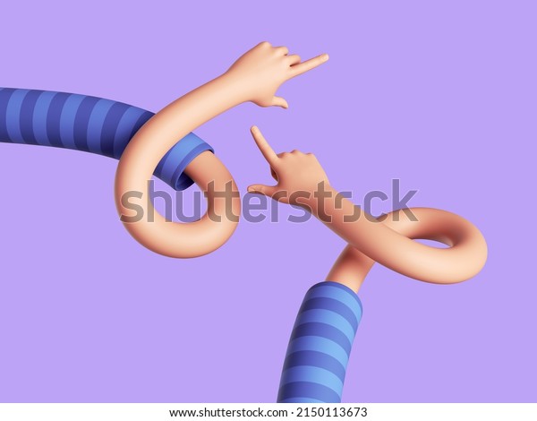3d render, flexible arms, cartoon character\
hands with pointing fingers. Funny clip art isolated on light\
violet background