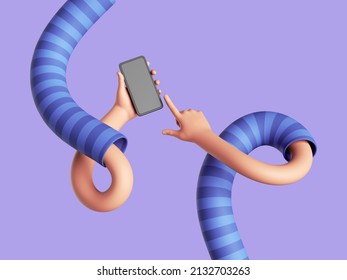 3d Render, Flexible Cartoon Character Hands Hold Smart Phone With Blank Screen And Swipe. Social Network Communication. Touchscreen Technology. Funny Clip Art Isolated On Pastel Violet Background