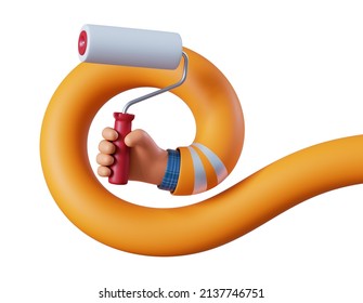 3d Render, Flexible Cartoon Human Hand Holds Paint Roller. Professional Painter With Equipment. Construction And Renovation Service Clip Art Isolated On White Background