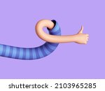 3d render, flexible human arm, elastic cartoon character hand shows thumb up. Social like gesture. Funny clip art isolated on light violet background