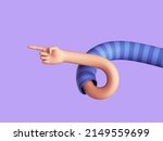 3d render, flexible human arm, elastic cartoon character hand with pointing finger. Direction gesture. Funny clip art isolated on light violet background