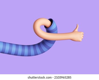 3d render, flexible human arm, elastic cartoon character hand shows thumb up. Social like gesture. Funny clip art isolated on light violet background