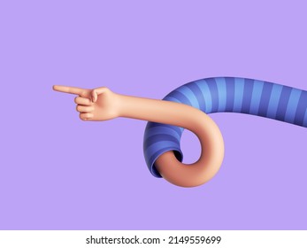 3d render, flexible human arm, elastic cartoon character hand with pointing finger. Direction gesture. Funny clip art isolated on light violet background