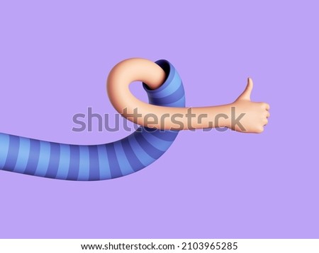 3d render, flexible human arm, elastic cartoon character hand shows thumb up. Social like gesture. Funny clip art isolated on light violet background