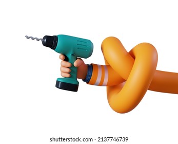 3d render, flexible knotted cartoon human hand holds green electric drill. Professional builder with equipment. Construction tool. Renovation service clip art isolated on white background - Powered by Shutterstock