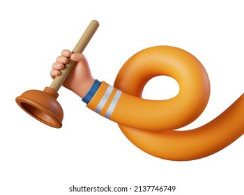 3d render, flexible spiral cartoon caucasian human hand holds plunger. Professional plumber. Toilet cleaning service clip art isolated on white background