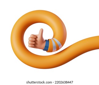 3d render, flexible spiral cartoon human hand shows thumb up. Like gesture clip art isolated on white background