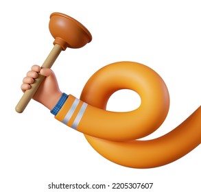 3d Render, Flexible Spiral Cartoon Caucasian Human Hand Holds Plunger. Professional Plumber. Toilet Cleaning Service Clip Art Isolated On White Background