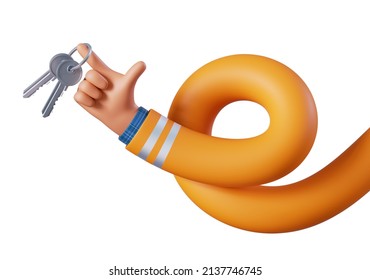 3d Render, Flexible Spiral Twisted Cartoon Human Hand Holds Keys. House Owner Concept. Rental Service Clip Art Isolated On White Background