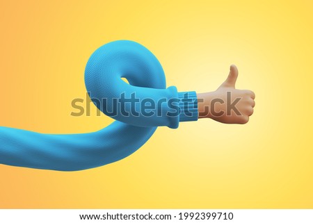 3d render, flexible twisted cartoon hand wears blue sweater, shows thumb up, like gesture. Social gesture clip art isolated on yellow background