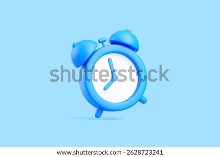 3D render of a floating blue alarm clock tilted on a light blue background. Minimalistic and playful concept representing time and morning