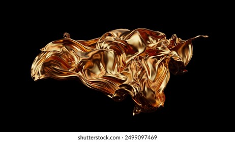 3d render floating golden silk curls against a black background. 3D Illustration