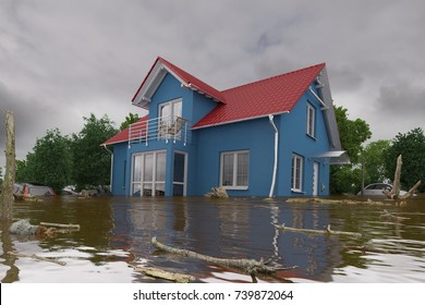 3d render of a flooding blue house - force of nature