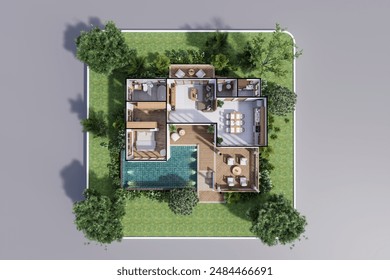 3d render floor plan of modern contemporary house with green garden isolated on gray background with clipping path