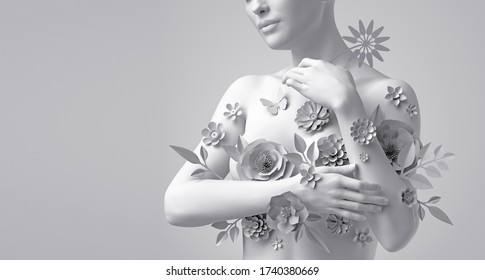 3d render, floral female bust, white mannequin covered with delicate paper flowers, woman silhouette isolated on white background. Breast cancer support. Wedding fashion. Modern botanical sculpture