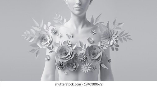 3d render, floral female bust, white mannequin decorated with paper flowers, woman silhouette isolated on white background. Breast cancer support. Wedding fashion. Modern botanical sculpture