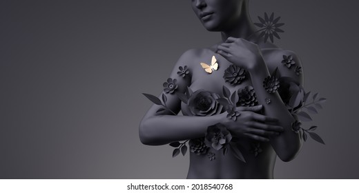 3d render, floral female bust, black mannequin decorated with paper flowers and golden butterfly, woman silhouette isolated on black background. Breast cancer support. Modern botanical sculpture