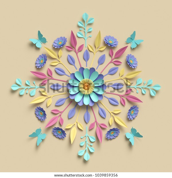 3dレンダリング 花柄の万華鏡 パステルの紙の花 対称的な装飾 植物