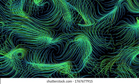 3d Render Of Flow Field Visualization. Lines Are Curled And Turbulence By Wind Simulation. Scientific Concept Background.



