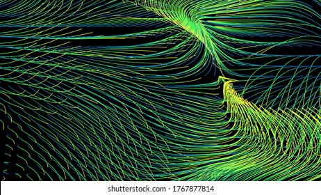 3d Render Of Flow Field Visualization. Lines Are Curled And Turbulence By Wind Simulation. Scientific Concept Background.



