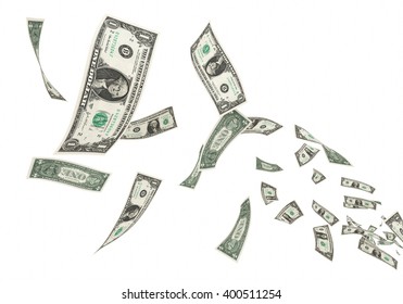3D render Fly One dollar banknotes close-up (isolated and clipping path)