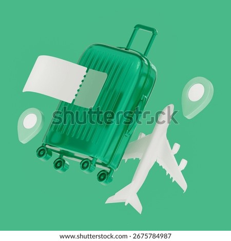 3D render of flying airplane with suitcase and location pin representing modern tourism, holiday and global travel design.