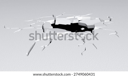 3D render focusing on a clean, structural representation of impact or a breakthrough. A jagged, irregular hole or crack centered in a flat, expansive surface.