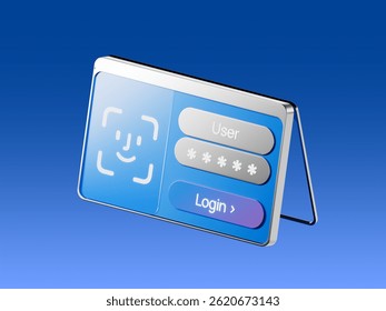 3D render of a foldable device screen showing a login interface with a user name field, password field, and facial recognition icon, representing secure digital access.
