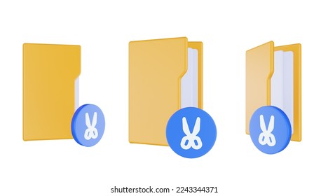 3d render folder cut icon with orange file folder and blue cut