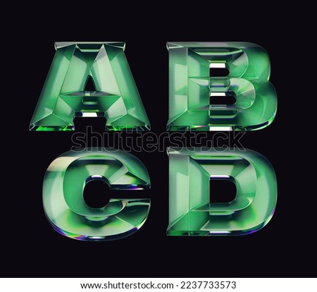 3d render of font set with letters made of glossy green glass