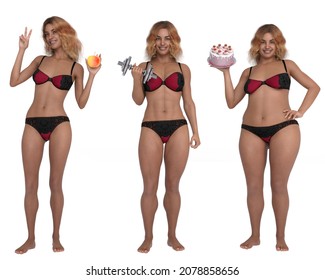 3D Render : Font view of standing  female body type illustration : ectomorph (skinny type), mesomorph (muscular type), endomorph(heavy weight type), each one has her favorite thing in her hand