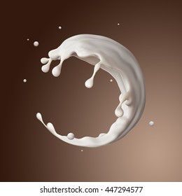 3d Render, Food And Drink Illustration, Abstract Creamy Splashing Background, Milk Round Liquid Splash, Coffee, Jet Isolated
