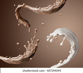 3d Render, Food And Drink Illustration, Abstract Splashing Background, Mixed Liquid Splash, Coffe, Milk, Twisted Jets Isolated