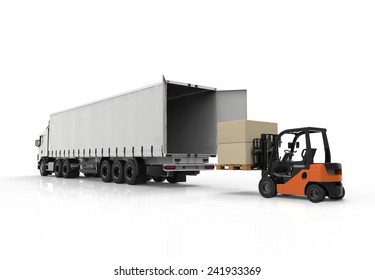 3d Render Of Forklift Loading A Truck