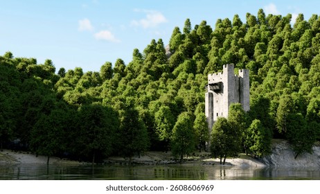 3d render of fortress observer tower in medieval middle aged in middle of the forest