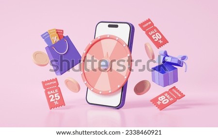 3d render fortune spin wheel floating on pink background. business online via mobile shopping promotion marketing entertainment risk gamble event jackpot prize. minimal cartoon elements illustration