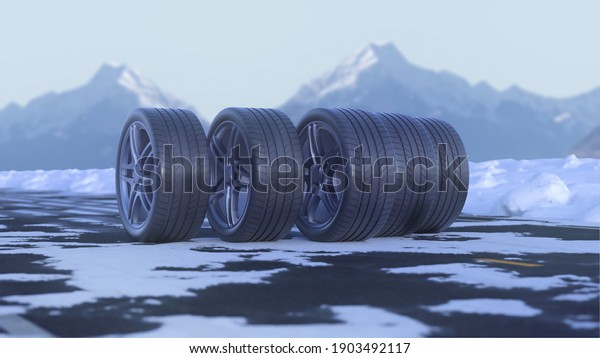 3d render\
four car wheels drive on a snowy\
road