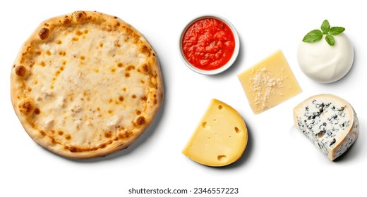Presentación en 3D Cuatro quesos Pizza con ingredientes, salsa de tomate, queso Mozzarella, queso parmesano, gorgonzola, queso azul, Fontina, queso provolone, sobre fondo blanco