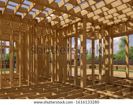 3d render of a frame building under construction. Detailed concept of construction. 