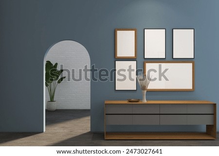 3d render of frames mockup with credenza and interior design arched wall opening. Wood parquet and blue wall background. Set 9