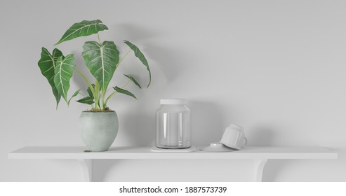 3d render Front view of empty shelf on white table showcase and wall background with natural window light. Display of backdrop shelves for showing minimal concept. tree plant, glass and coffee cup.