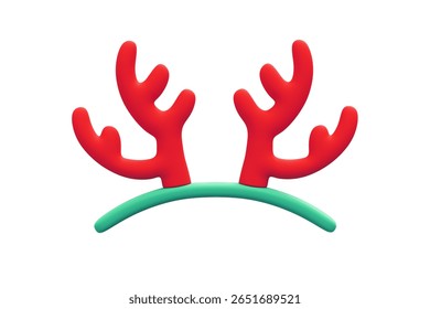 3d render of front view of simple cute kawaii reindeer antler headband for christmas costume in red, green color. Concept of cozy, stylish accessory for the New Year celebration on white background.