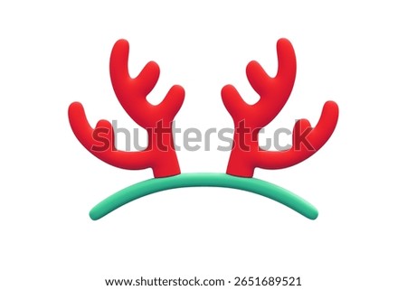 3d render of front view of simple cute kawaii reindeer antler headband for christmas costume in red, green color. Concept of cozy, stylish accessory for the New Year celebration on white background.