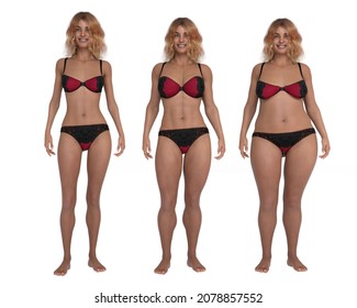 3D Render : Front view of standing beautiful female body type illustration : ectomorph (skinny type), mesomorph (muscular type), endomorph(heavy weight type)
