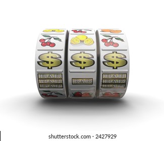 3D Render Of Fruit Machine Reels Showing Jackpot Winning Line