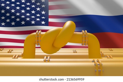 3d Render. Fuel Gas Pipeline With A Knot On Background Of USA And Russian Flags. United States Economic Sanctions. Energy Embargo. Oil Import Export From The World Fuel Trade Market Restricts.