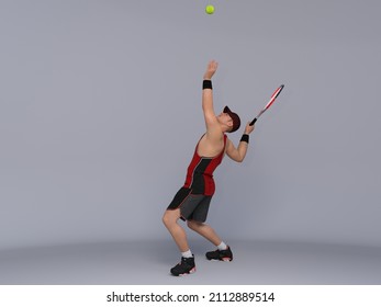 3D Render : Full Body Portrait Of Male Tennis Player Is Performing And Acting In Training Session And Is Going To Serve