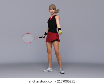 3D Render : Full body portrait of female tennis player is performing and acting in training session - Powered by Shutterstock