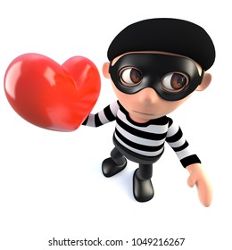 3d Render Of A Funny Cartoon Burglar Thief Character Holding A Red Romantic Heart